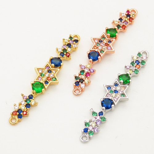 Brass Micro Pave Cubic Zirconia Links Connectors,Strip,Star,Random mixed color,10x36mm,Hole:1.5mm,about 2g/pc,5 pcs/package,XFCO00534aakl-L002