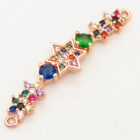 Brass Micro Pave Cubic Zirconia Links Connectors,Strip,Star,Random mixed color,10x36mm,Hole:1.5mm,about 2g/pc,5 pcs/package,XFCO00534aakl-L002