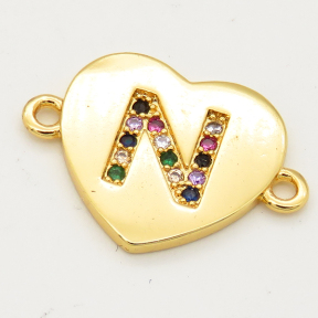 Brass Micro Pave Cubic Zirconia Links Connectors,Heart alphabet A,Golden,15x14mm,Hole:1.5mm,about 2g/pc,5 pcs/package,XFCO00555aajl-L002
