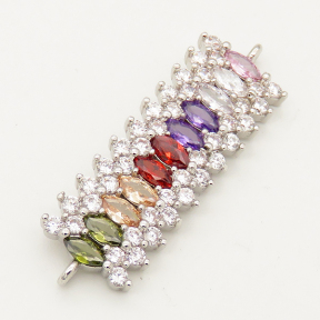 Brass Cubic Zirconia Links Connectors,Rectangle,Random mixed color,12x31mm,Hole:1.5mm,about 4.5g/pc,5 pcs/package,XFCO00566vbnb-L002
