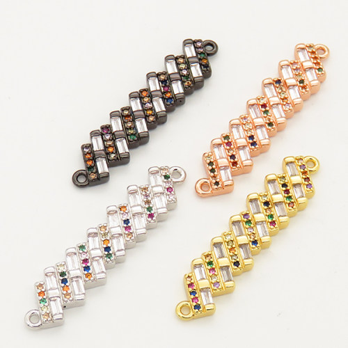 Brass Cubic Zirconia Links Connectors,Strip,Random mixed color,8x34mm,Hole:1.5mm,about 3g/pc,5 pcs/package,XFCO00571ablb-L002