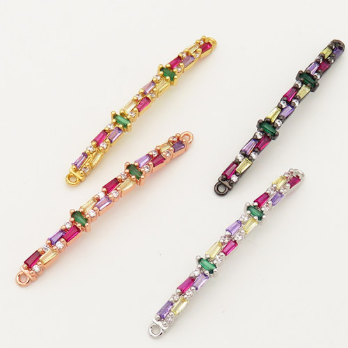 Brass Cubic Zirconia Links Connectors,Strip,Random mixed color,6x50mm,Hole:1.5mm,about 3g/pc,5 pcs/package,XFCO00586vbnb-L002