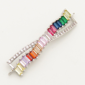 Brass Micro Pave Cubic Zirconia Links Connectors,Strip,Random mixed color,11x43mm,Hole:1.5mm,about 4g/pc,5 pcs/package,XFCO00601vbnb-L002