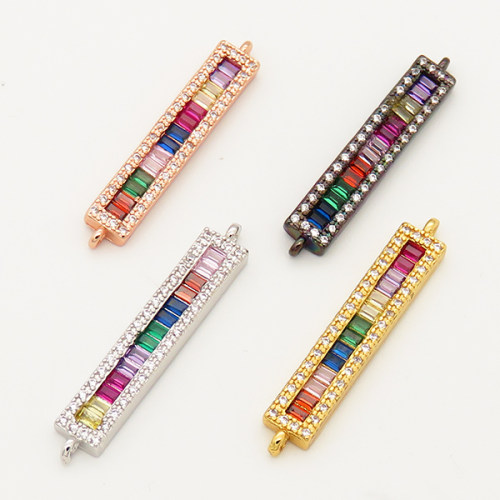 Brass Micro Pave Cubic Zirconia Links Connectors,Strip,Random mixed color,6x28mm,Hole:1.5mm,about 2g/pc,5 pcs/package,XFCO00616vbll-L002