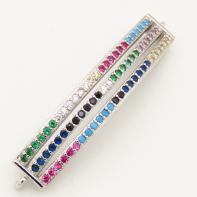 Brass Micro Pave Cubic Zirconia Turquoise Links Connectors,Strip,Random mixed color,7x34mm,Hole:1.5mm,about 3g/pc,5 pcs/package,XFCO00631ablb-L002
