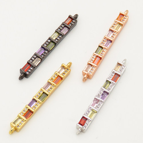 Brass Micro Pave Cubic Zirconia Links Connectors,Strip,Random mixed color,4x33mm,Hole:1.5mm,about 2g/pc,5 pcs/package,XFCO00646ablb-L002