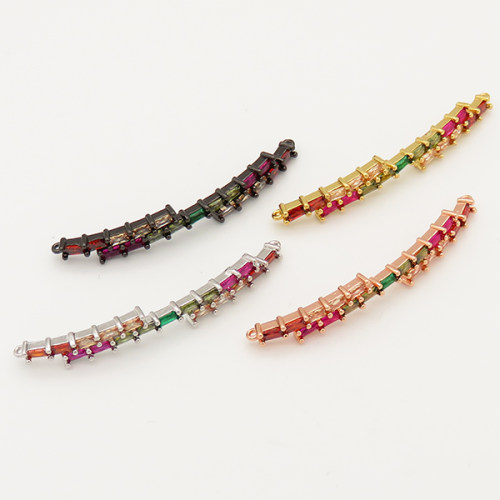 Brass Cubic Zirconia Links Connectors,Strip,Random mixed color,9x53mm,Hole:1.5mm,about 4g/pc,5 pcs/package,XFCO00651vbmb-L002
