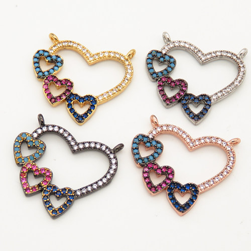 Brass Micro Pave Cubic Zirconia Turquoise Links Connectors,Heart,Random mixed color,23x18mm,Hole:1.5mm,about 1.5g/pc,5 pcs/package,XFCO00717vbmb-L002