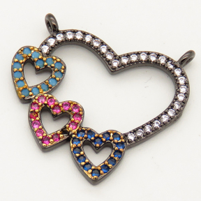Brass Micro Pave Cubic Zirconia Turquoise Links Connectors,Heart,Random mixed color,23x18mm,Hole:1.5mm,about 1.5g/pc,5 pcs/package,XFCO00717vbmb-L002