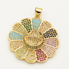 Brass Micro Pave Cubic Zirconia Turquoise Pendant,Flower,Random mixed color,30mm,Hole:3x4mm,about 7g/pc,5 pcs/package,XFPC00026aija-L002