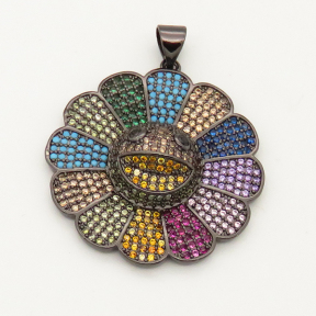 Brass Micro Pave Cubic Zirconia Turquoise Pendant,Flower,Random mixed color,30mm,Hole:3x4mm,about 7g/pc,5 pcs/package,XFPC00026aija-L002