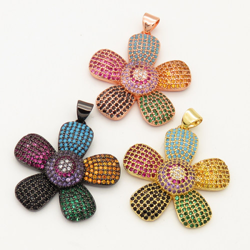 Brass Micro Pave Cubic Zirconia Turquoise Pendant,Flower,Random mixed color,27mm,Hole:3x4mm,about 4.5g/pc,5 pcs/package,XFPC00031aivb-L002