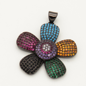 Brass Micro Pave Cubic Zirconia Turquoise Pendant,Flower,Random mixed color,27mm,Hole:3x4mm,about 4.5g/pc,5 pcs/package,XFPC00031aivb-L002
