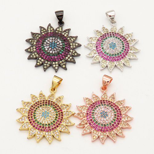 Brass Micro Pave Cubic Zirconia Turquoise Pendant,Flower,Random mixed color,25mm,Hole:3x4mm,about 3.5g/pc,5 pcs/package,XFPC00035ahjb-L002