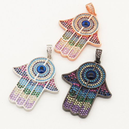 Brass Micro Pave Cubic Zirconia Turquoise Enamel Pendant,Devil's eye,Palm,Random mixed color,32x35mm,Hole:3x4mm,about 7g/pc,5 pcs/package,XFPC00055biib-L002
