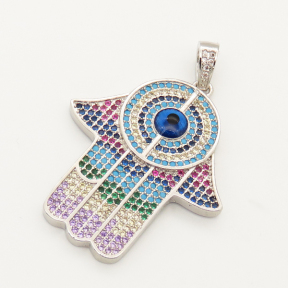 Brass Micro Pave Cubic Zirconia Turquoise Enamel Pendant,Devil's eye,Palm,Random mixed color,32x35mm,Hole:3x4mm,about 7g/pc,5 pcs/package,XFPC00055biib-L002