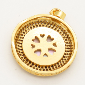Brass Micro Pave Cubic Zirconia Shell Pendant,Flat Round,Religion,Golden,25mm,Hole:3x4mm,about 6.5g/pc,5 pcs/package,XFPC00059biib-L002