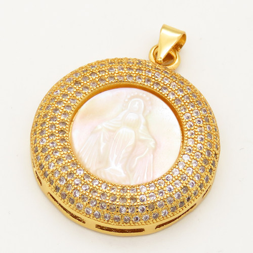 Brass Micro Pave Cubic Zirconia Shell Pendant,Flat Round,Religion,Golden,25mm,Hole:3x4mm,about 6.5g/pc,5 pcs/package,XFPC00065vhov-L002