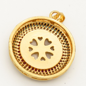 Brass Micro Pave Cubic Zirconia Shell Pendant,Flat Round,Religion,Golden,25mm,Hole:3x4mm,about 6.5g/pc,5 pcs/package,XFPC00065vhov-L002
