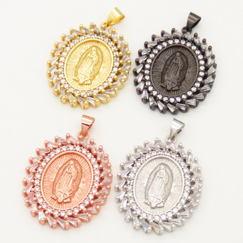 Brass Micro Pave Cubic Zirconia Pendant,Oval,Religion,Random mixed color,24x29mm,Hole:3x4mm,about 6.5g/pc,5 pcs/package,XFPC00067vbpb-L002