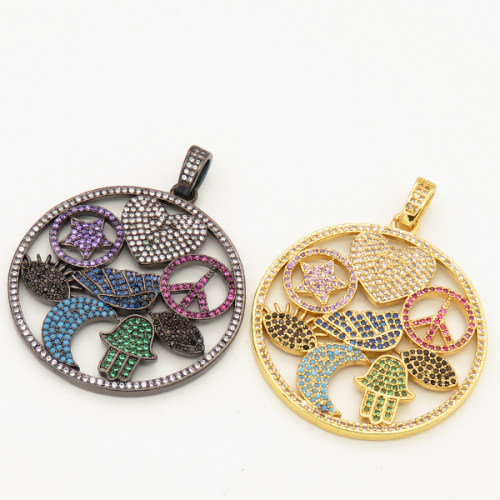 Brass Micro Pave Cubic Zirconia Turquoise Pendant,Round,Random mixed color,40mm,Hole:3x4mm,about 11g/pc,5 pcs/package,XFPC00085bika-L002