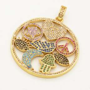 Brass Micro Pave Cubic Zirconia Turquoise Pendant,Round,Random mixed color,40mm,Hole:3x4mm,about 11g/pc,5 pcs/package,XFPC00085bika-L002
