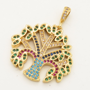 Brass Micro Pave Cubic Zirconia Turquoise Pendant,Tree,Random mixed color,26x26mm,Hole:3x4mm,about 4g/pc,5 pcs/package,XFPC00088bhva-L002
