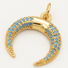 Brass Micro Pave Cubic Zirconia Turquoise Pendant,Horn,Random mixed color,16mm,Hole:3mm,about 1g/pc,5 pcs/package,XFPC00115baka-L002