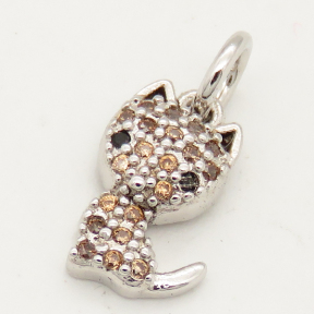 Brass Micro Pave Cubic Zirconia Pendant,Cat,Random mixed color,8x10mm,Hole:3mm,about 0.5g/pc,5 pcs/package,XFPC00159aajl-L002