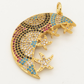 Brass Micro Pave Cubic Zirconia Turquoise Pendant,Star and Moon,Random mixed color,25x33mm,Hole:3mm,about 4.5g/pc,5 pcs/package,XFPC00178vhnv-L002