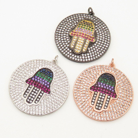Brass Micro Pave Cubic Zirconia Pendant,Round,Palm,Random mixed color,34mm,Hole:3mm,about 10g/pc,5 pcs/package,XFPC00182vhov-L002