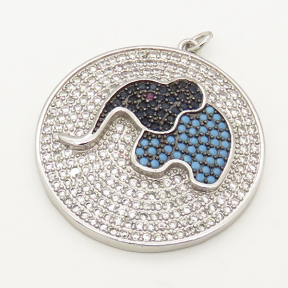 Brass Micro Pave Cubic Zirconia Turquoise Pendant,Round,Elephant,Random mixed color,34mm,Hole:3mm,about 11g/pc,5 pcs/package,XFPC00186vhov-L002
