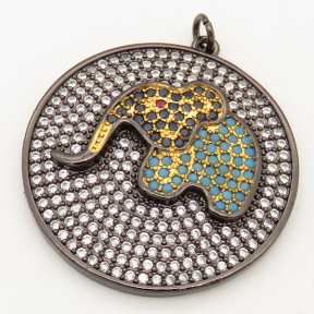 Brass Micro Pave Cubic Zirconia Turquoise Pendant,Round,Elephant,Random mixed color,34mm,Hole:3mm,about 11g/pc,5 pcs/package,XFPC00186vhov-L002