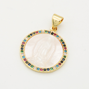 Brass Micro Pave Cubic Zirconia Shell Pendant,Flat Round,Religion,Random mixed color,18.5mm,Hole:5x4mm,about 2.5g/pc,5 pcs/package,XFPC00195abol-L002