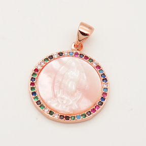 Brass Micro Pave Cubic Zirconia Shell Pendant,Flat Round,Religion,Random mixed color,18.5mm,Hole:5x4mm,about 2.5g/pc,5 pcs/package,XFPC00195abol-L002