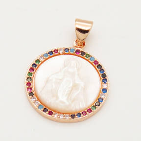 Brass Micro Pave Cubic Zirconia Shell Pendant,Flat Round,Religion,Random mixed color,18.5mm,Hole:5x4mm,about 2.5g/pc,5 pcs/package,XFPC00199abol-L002