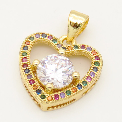 Brass Micro Pave Cubic Zirconia Pendant,Heart,Golden,14x15mm,Hole:5x4mm,about 2g/pc,5 pcs/package,XFPC00236aajl-L002