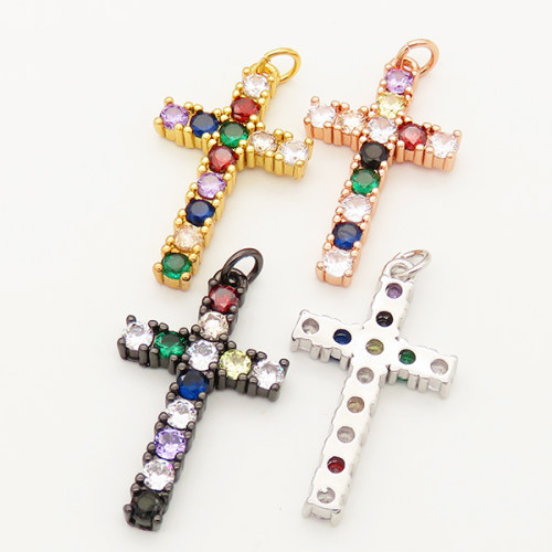 Brass Cubic Zirconia Pendant,Cross,Random mixed color,29x16mm,Hole:4mm,about 2.5g/pc,5 pcs/package,XFPC00256ablb-L002