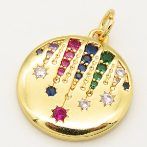 Brass Micro Pave Cubic Zirconia Pendant,Flat Round,Random mixed color,16mm,Hole:4mm,about 2.5g/pc,5 pcs/package,XFPC00265baka-L002