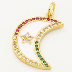 Brass Micro Pave Cubic Zirconia Enamel Pendant,Moon,Star,Random mixed color,22x17mm,Hole:4mm,about 3g/pc,5 pcs/package,XFPC00270baka-L002