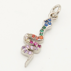 Brass Micro Pave Cubic Zirconia Pendant,Snake,Random mixed color,22x6.5mm,Hole:3mm,about 1g/pc,5 pcs/package,XFPC00287aajl-L002