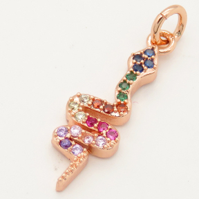 Brass Micro Pave Cubic Zirconia Pendant,Snake,Random mixed color,22x6.5mm,Hole:3mm,about 1g/pc,5 pcs/package,XFPC00287aajl-L002