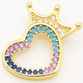 Brass Micro Pave Cubic Zirconia Turquoise Pendant,Heart,Crown,Random mixed color,21x16mm,Hole:4x2mm,about 1.5g/pc,5 pcs/package,XFPC00291baka-L002
