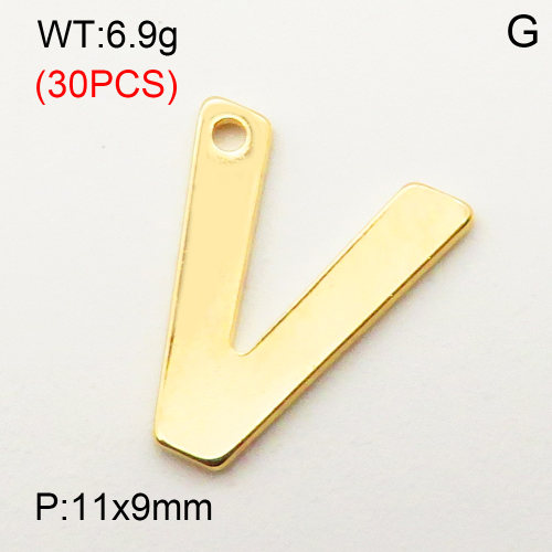 304 Stainless Steel Pendant,Letter V,Vacuum Plating Gold,11x9mm,about 6.9g/package,30 pcs/package,3AC300377bbpm-474