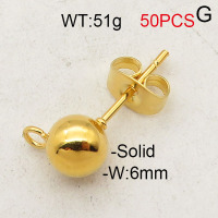 304 Stainless Steel Ear Needle And Ear Wire Accessories,Solid Bead Earrings,Vacuum Plating Gold,W:6mm,about 51g/package,50 pcs/package,6AC300258ajil-474