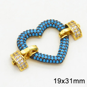 Brass Turquoise Cubic Zirconia Links Connectors,Heart,Long-lasting plated,Gold and Black,19x31mm,Hole:2mm,about 3.15g/pc,3 pcs/package,XFL01709bhik-G030