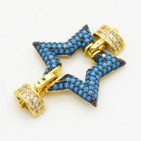 Brass Turquoise Cubic Zirconia Links Connectors,Star,Long-lasting plated,Gold and Black,22x30mm,Hole:2mm,about 3.04g/pc,3 pcs/package,XFL01727bhia-G030