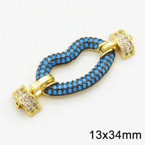 Brass Turquoise Cubic Zirconia Links Connectors,Lips,Long-lasting plated,Gold and Black,13x34mm,Hole:2mm,about 2.80g/pc,3 pcs/package,XFL01741bhhk-G030