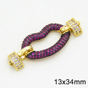 Brass Cubic Zirconia Links Connectors,Lips,Long-lasting plated,Gold and Black,13x34mm,Hole:2mm,about 2.80g/pc,3 pcs/package,XFL01743bhhk-G030