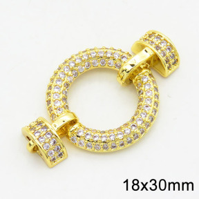 Brass Cubic Zirconia Links Connectors,Circle,Long-lasting plated,Gold,18x30mm,Hole:2mm,about 2.60g/pc,3 pcs/package,XFL01753bbok-G030
